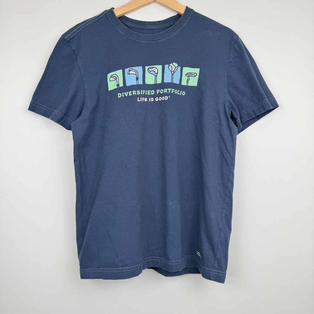 Life is Good Crusher Tee Mens S Blue Diversified Portfolio Golf T-Shirt